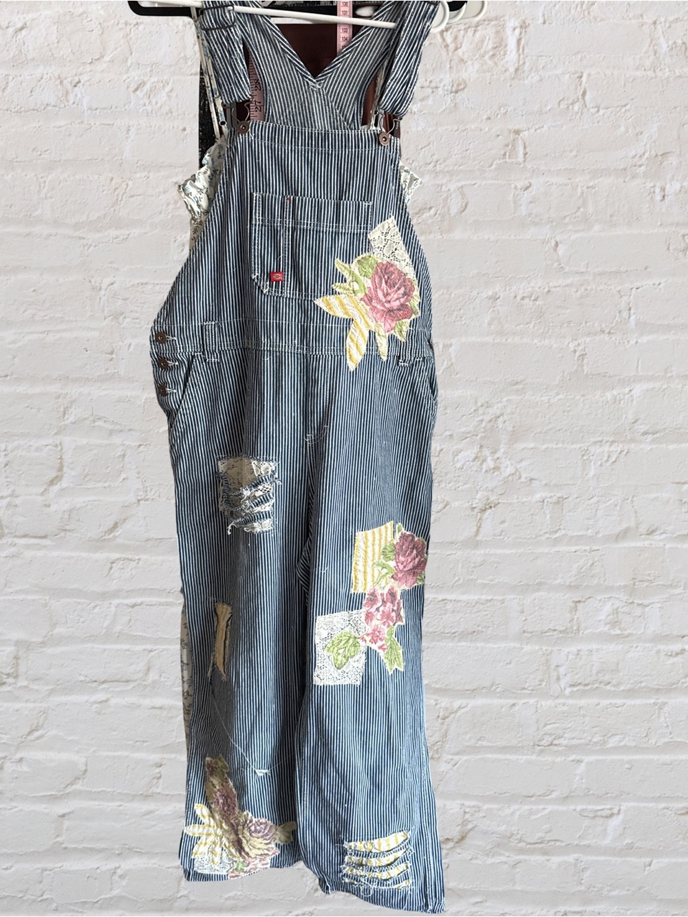Dickies Blue Pinstripe upcycled Floral Patchwork Women’s Overalls